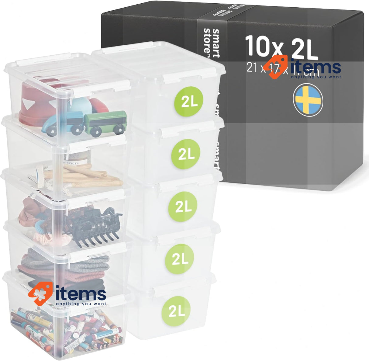 Smartstore - 10x Plastic Storage Box With Lid 2L (21x17x11cm) Clear 2 L, L