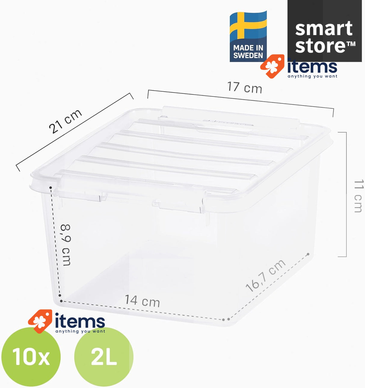 Smartstore - 10x Plastic Storage Box With Lid 2L (21x17x11cm) Clear 2 L, L