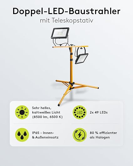 Goobay LED Construction Spotlight, Two Floodlights On Telescopic Tripod