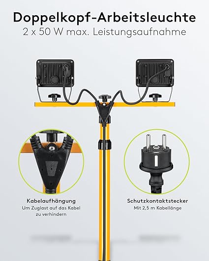Goobay LED Construction Spotlight, Two Floodlights On Telescopic Tripod