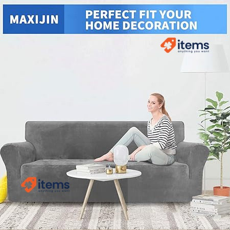MAXIJIN Thick Velvet Sofa Cover 3 Seater Grey Non Slip Super Stretch Dogs Pet