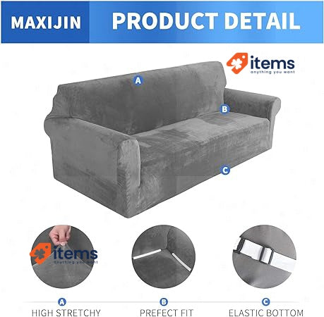 MAXIJIN Thick Velvet Sofa Cover 3 Seater Grey Non Slip Super Stretch Dogs Pet