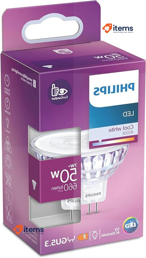 Philips LED Classic GU5.3 Lamp, 50 W, Reflector, Silver, Neutral White 7W 50W