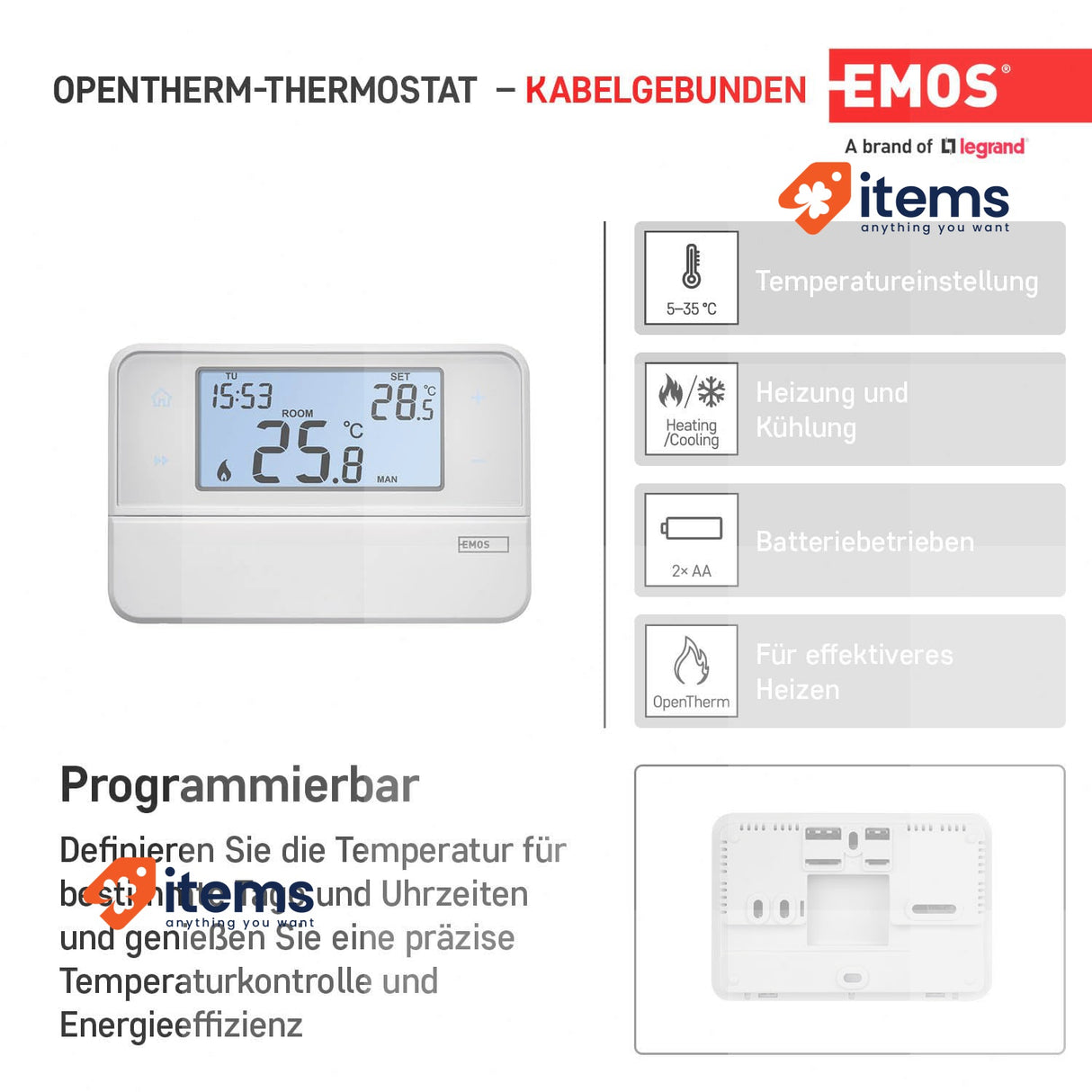 Emos Digital Room Thermostat 12.6 x 8.4 x 2.6 cm white Programmable