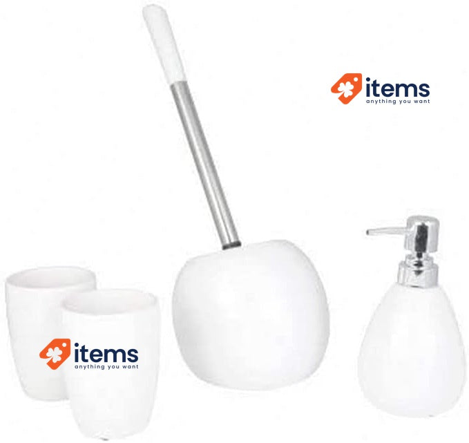 axentia Bathroom Set, Ceramic, White/Silver, Approx. 29.5 x 30.5 x 17 cm