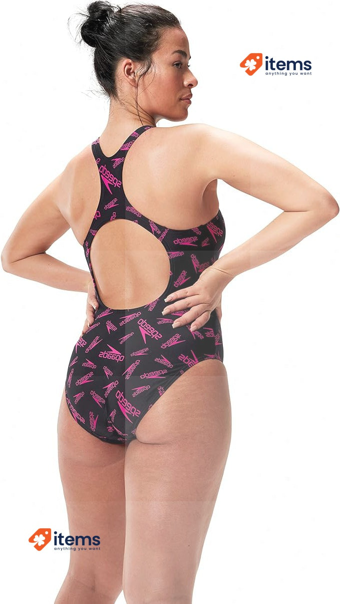 Speedo Women's Hyperboom Allover Medalist Swimsuit Black/Pink 14 Boom Logo Quick