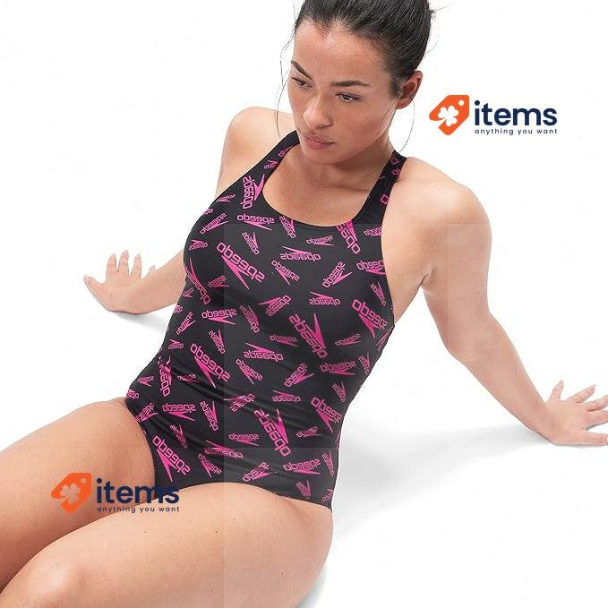 Speedo Women's Hyperboom Allover Medalist Swimsuit Black/Pink 14 Boom Logo Quick