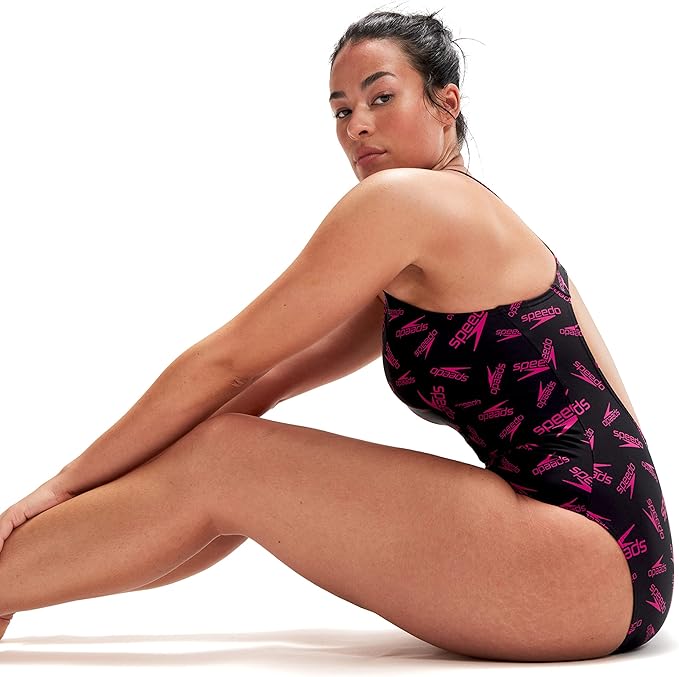 Speedo Women's Hyperboom Allover Medalist Swimsuit Black/Pink 14
