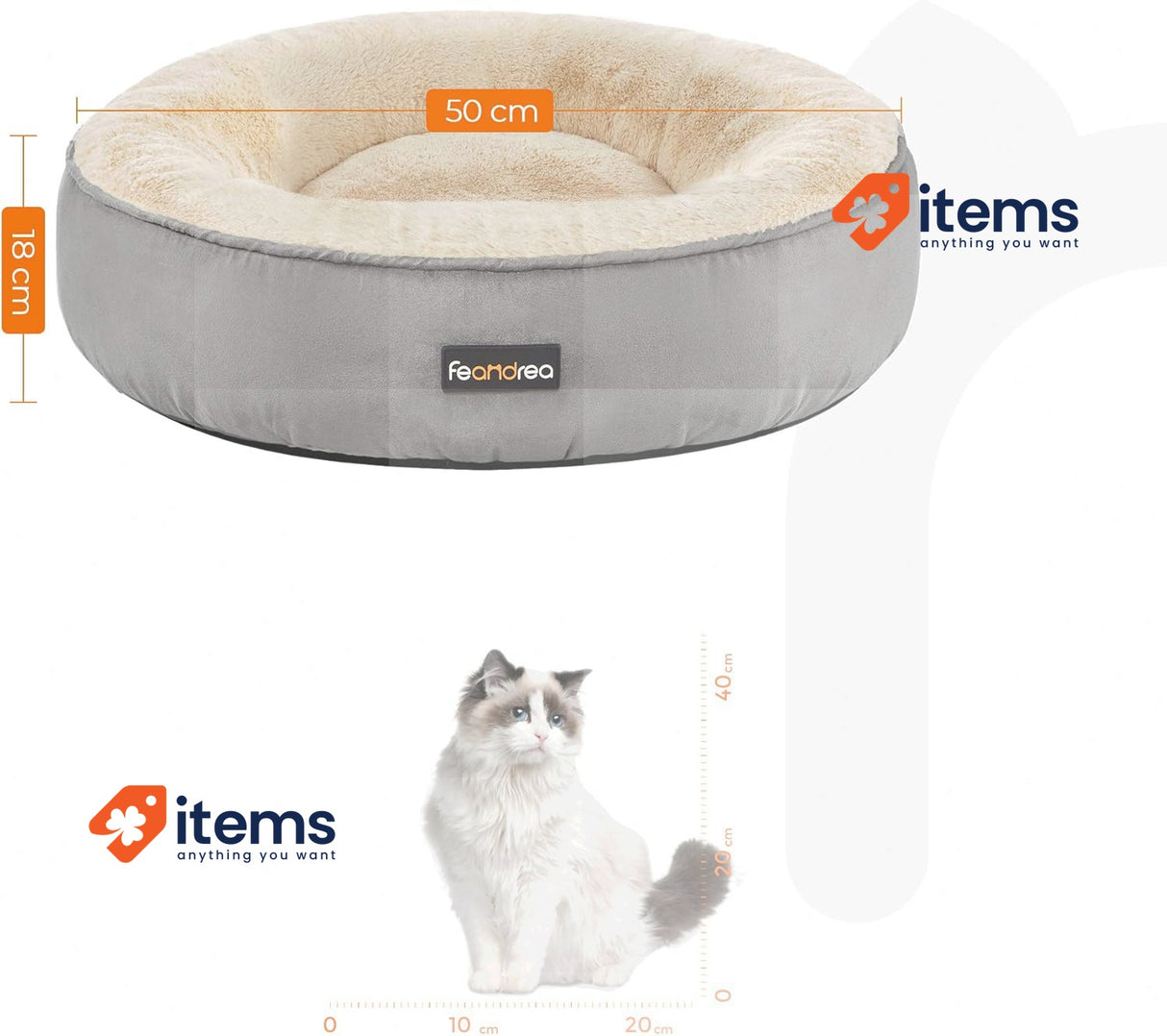 Feandrea PGW050G01 Doughnut Dog Bed/Cat Bed Diameter 50 cm Light Grey Round