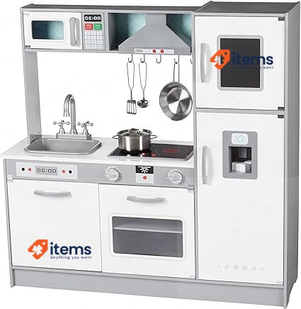 Amazon Basics Kids Upright Kitchen Toy Playset with Accessories White & Gray