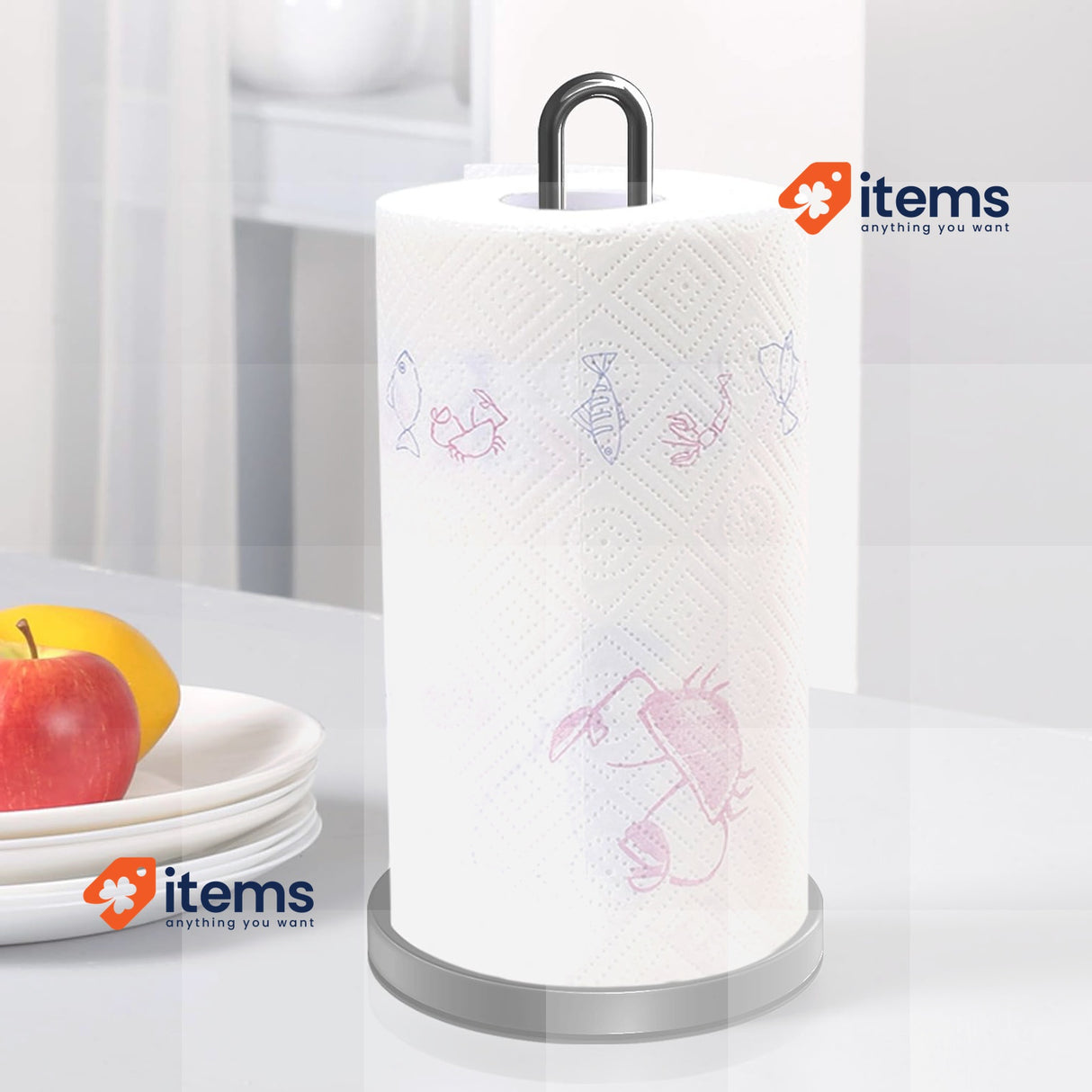DDF iohEF Kitchen Roll Holder, Stainless Steel Paper Towel Organiser Black Base