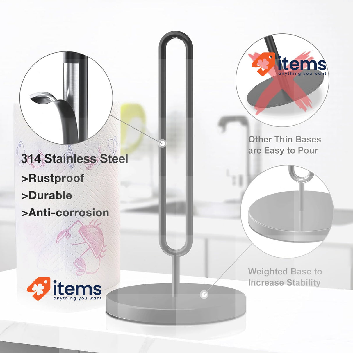 DDF iohEF Kitchen Roll Holder, Stainless Steel Paper Towel Organiser Black Base