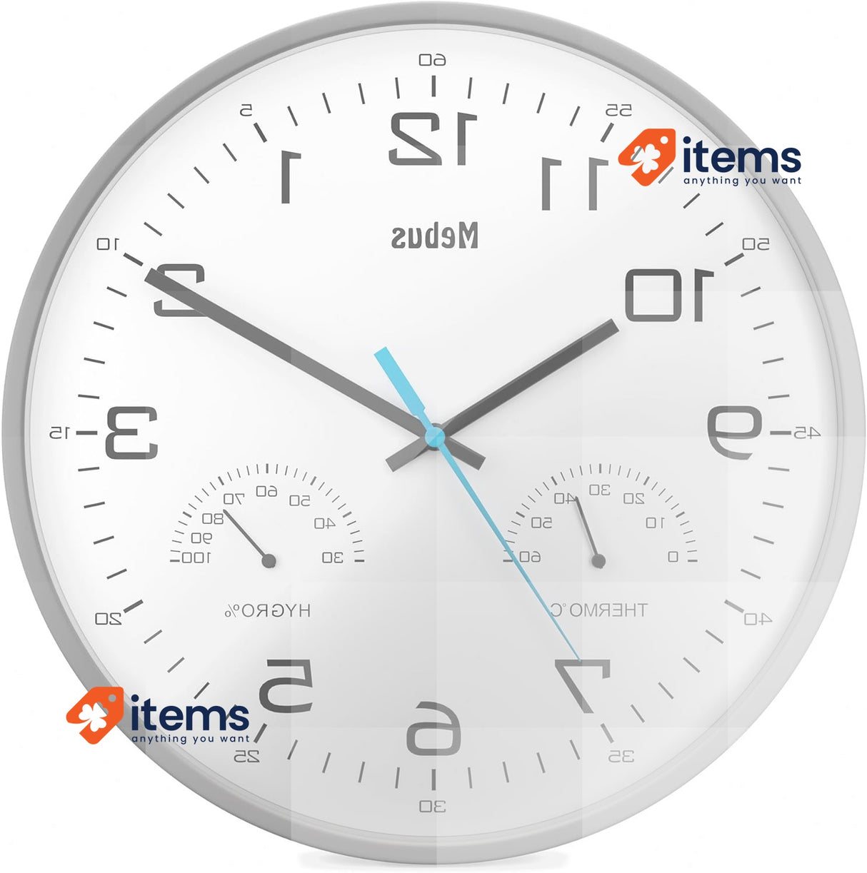 Mebus Analogue Quartz Wall Clock with Thermometer and Hygrometer, Gray, 30cm