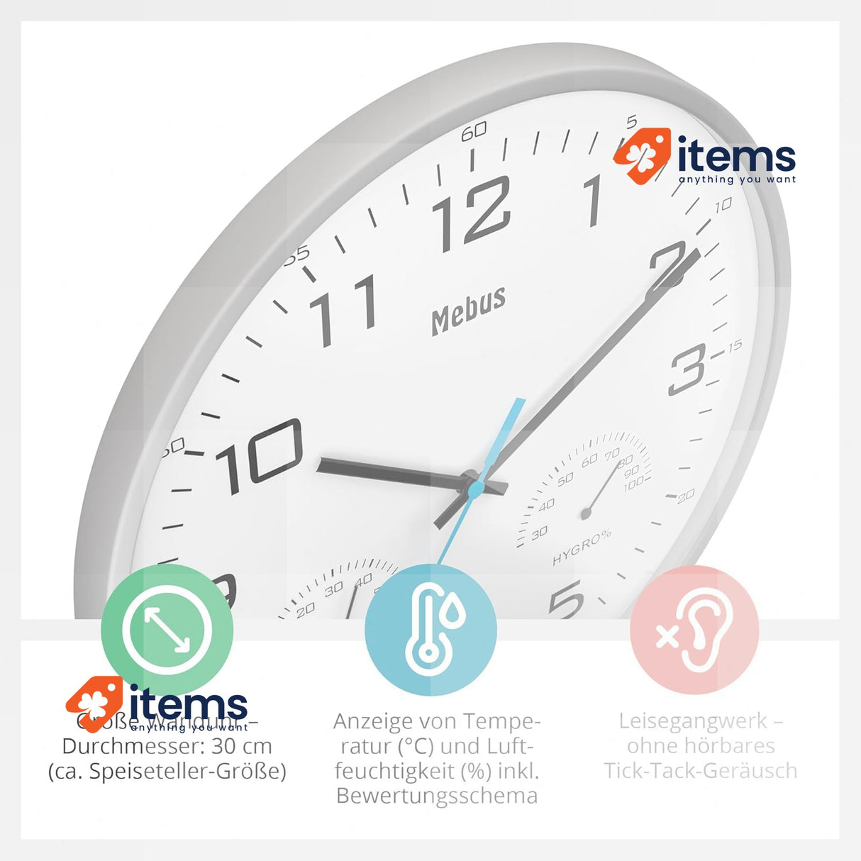 Mebus Analogue Quartz Wall Clock with Thermometer and Hygrometer, Gray, 30cm