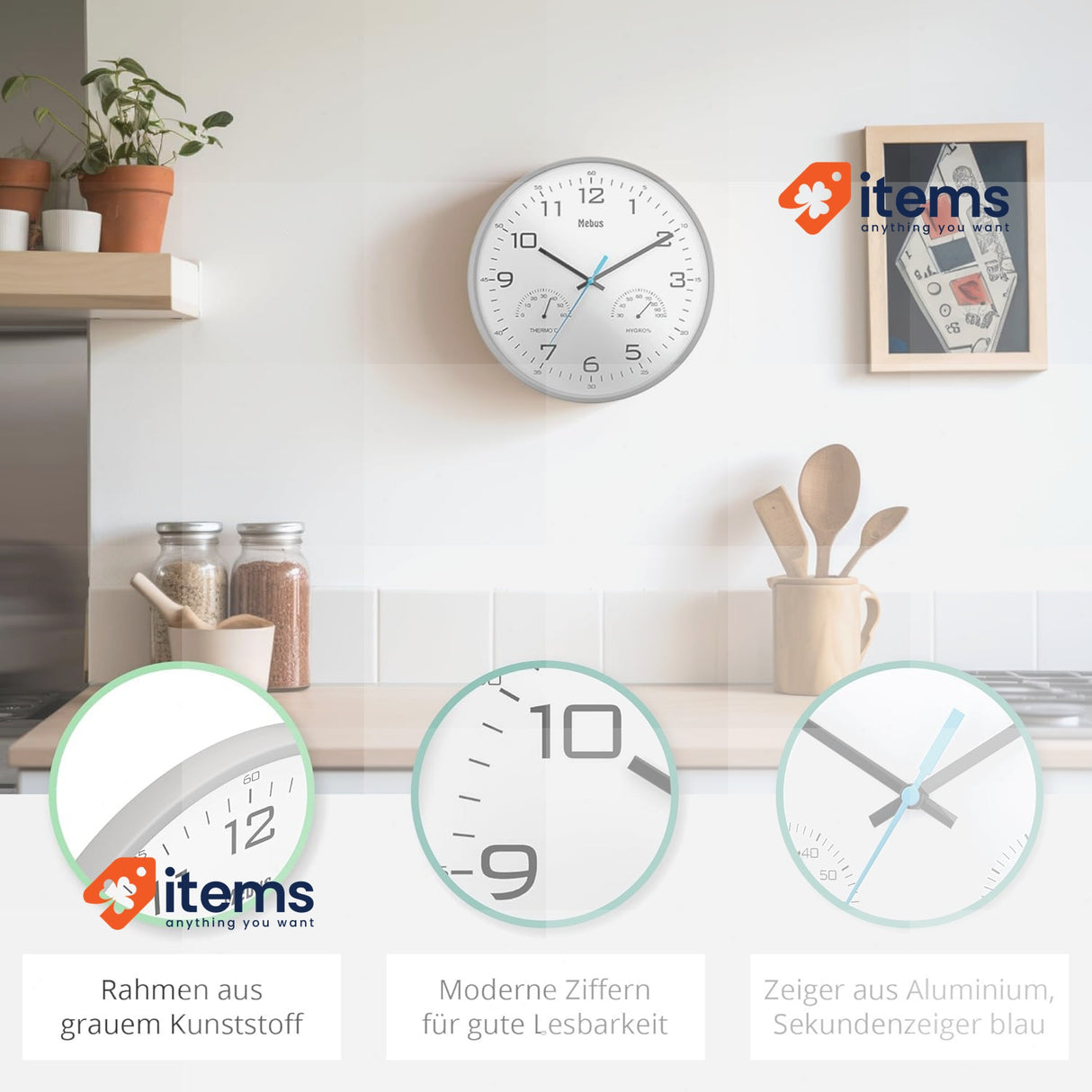 Mebus Analogue Quartz Wall Clock With Thermometer And Hygrometer, Gray, 30cm