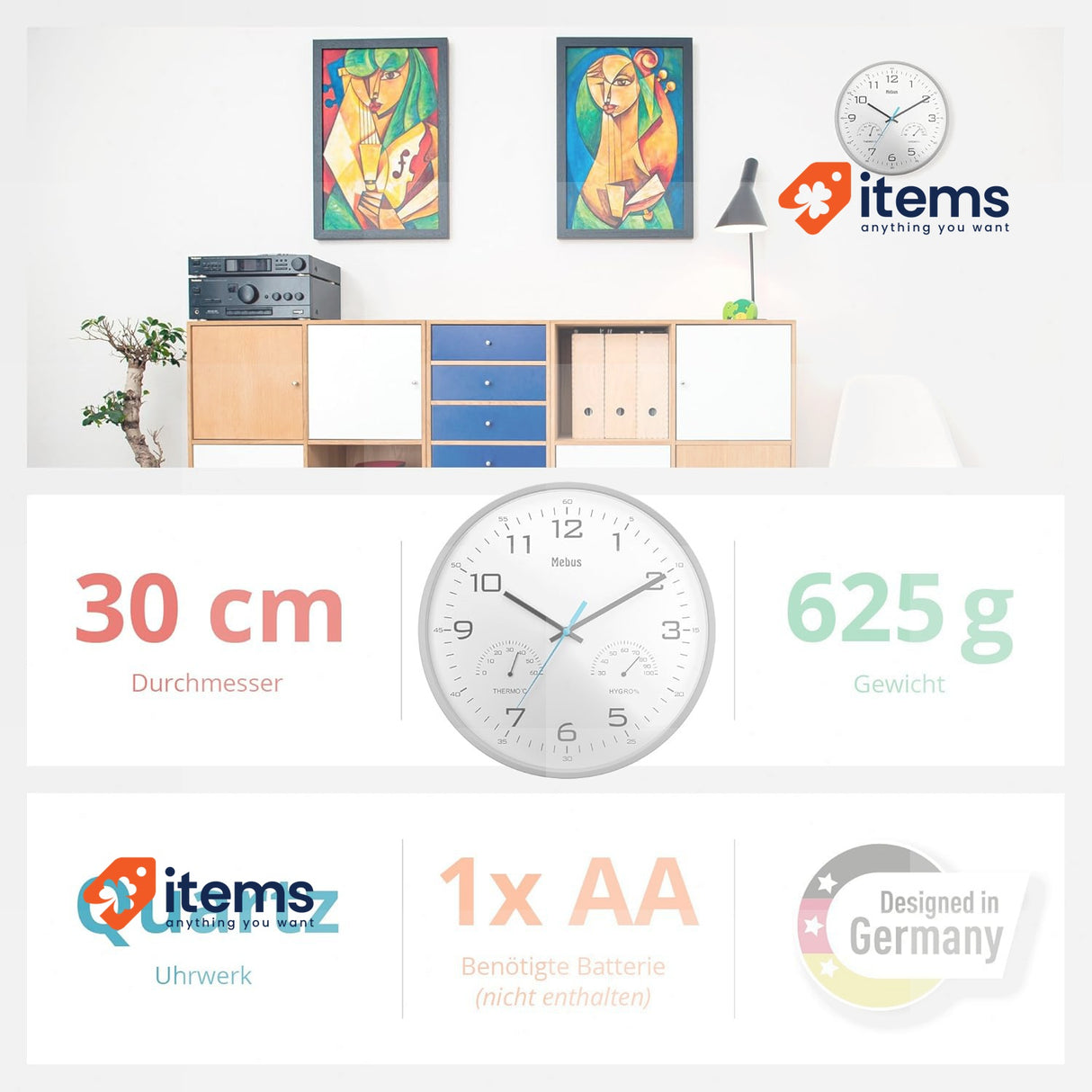 Mebus Analogue Quartz Wall Clock With Thermometer And Hygrometer, Gray, 30cm