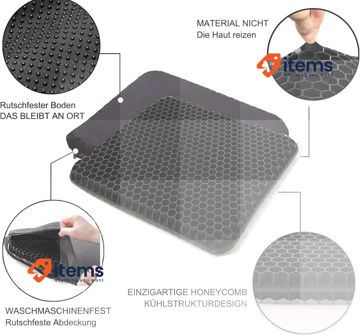 ANICEMOON Multifunctional Gel Cushion With Anti - Skid Cool Breathable Black