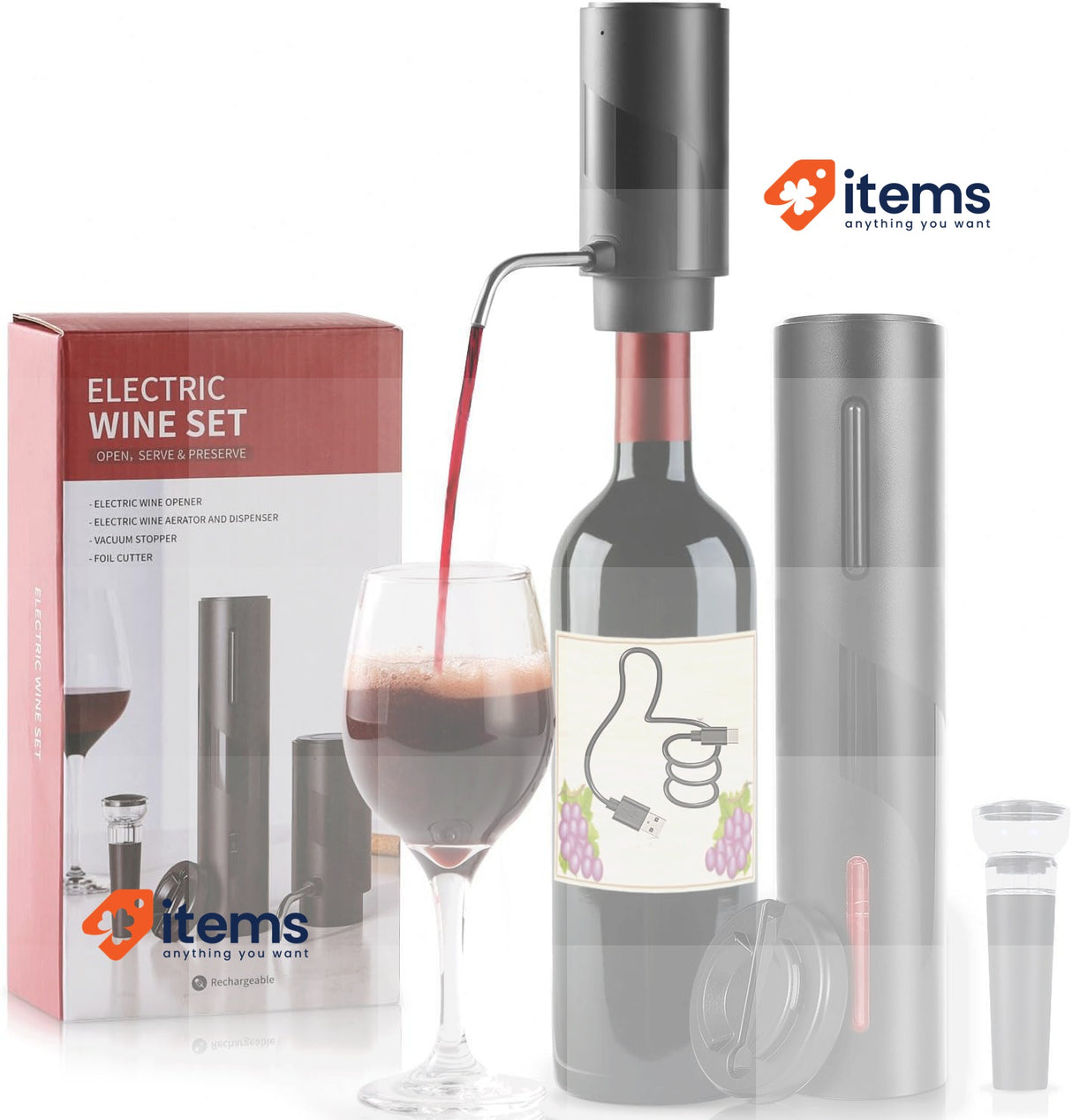 ZOYIDOUX 4-in-1 Electric Wine Set with Rechargeable Opener Black Corkscrew Party