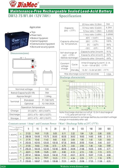 Diamec AGM Lead Battery 12 V 7 Ah F1 for Safety