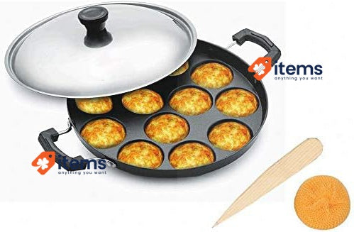 Jagmor Non - Stick Cookware Appam Patra With Lid And Strong Handle Black 12 Idli