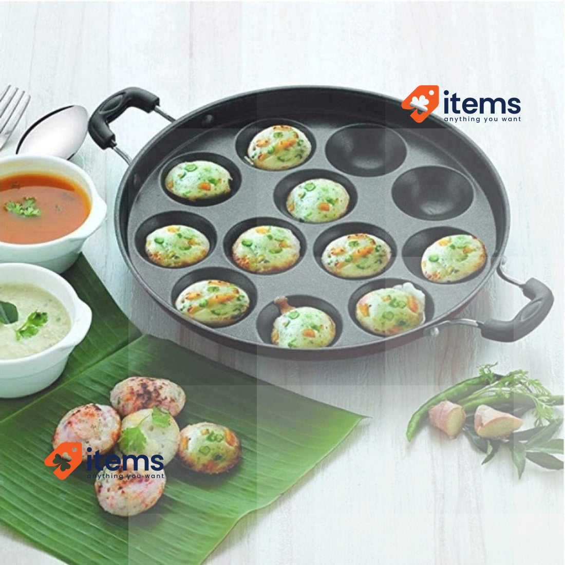 Jagmor Non - Stick Cookware Appam Patra With Lid And Strong Handle Black 12 Idli