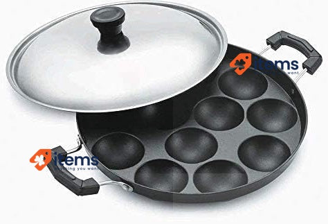 Jagmor Non - Stick Cookware Appam Patra With Lid And Strong Handle Black 12 Idli