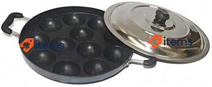 Jagmor Non - Stick Cookware Appam Patra With Lid And Strong Handle Black 12 Idli