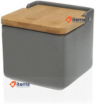 DRW Original Square Ceramic Salt Shaker With Bamboo Lid 12×12 X 12 Cm Grey, 12CM