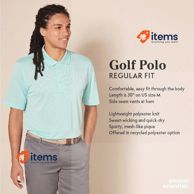 Amazon Essentials Men's Regular - Fit Quick Dry Golf Polo Shirt Large Blue Short