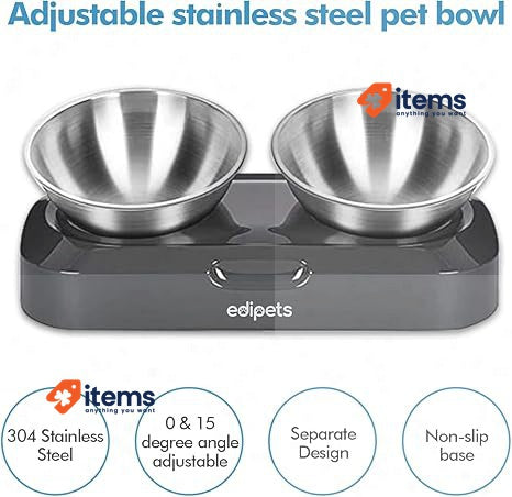 Edipets, Cat Dog Pet Feeder Double Stainless Steel Bowl Medium Silver Angle 0