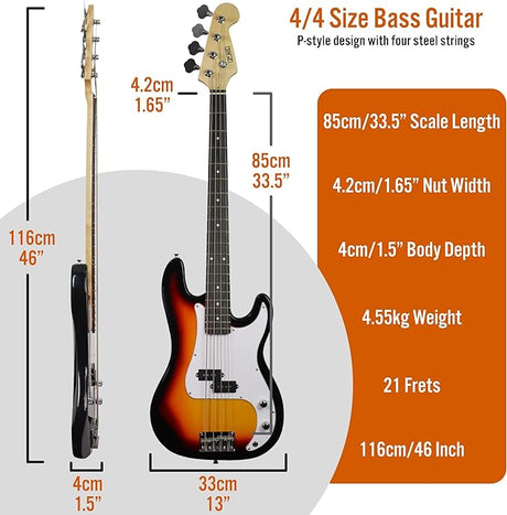 3rd Avenue Full Size 4/4 Electric Bass Guitar Beginner Pack Kit with 15W Amp
