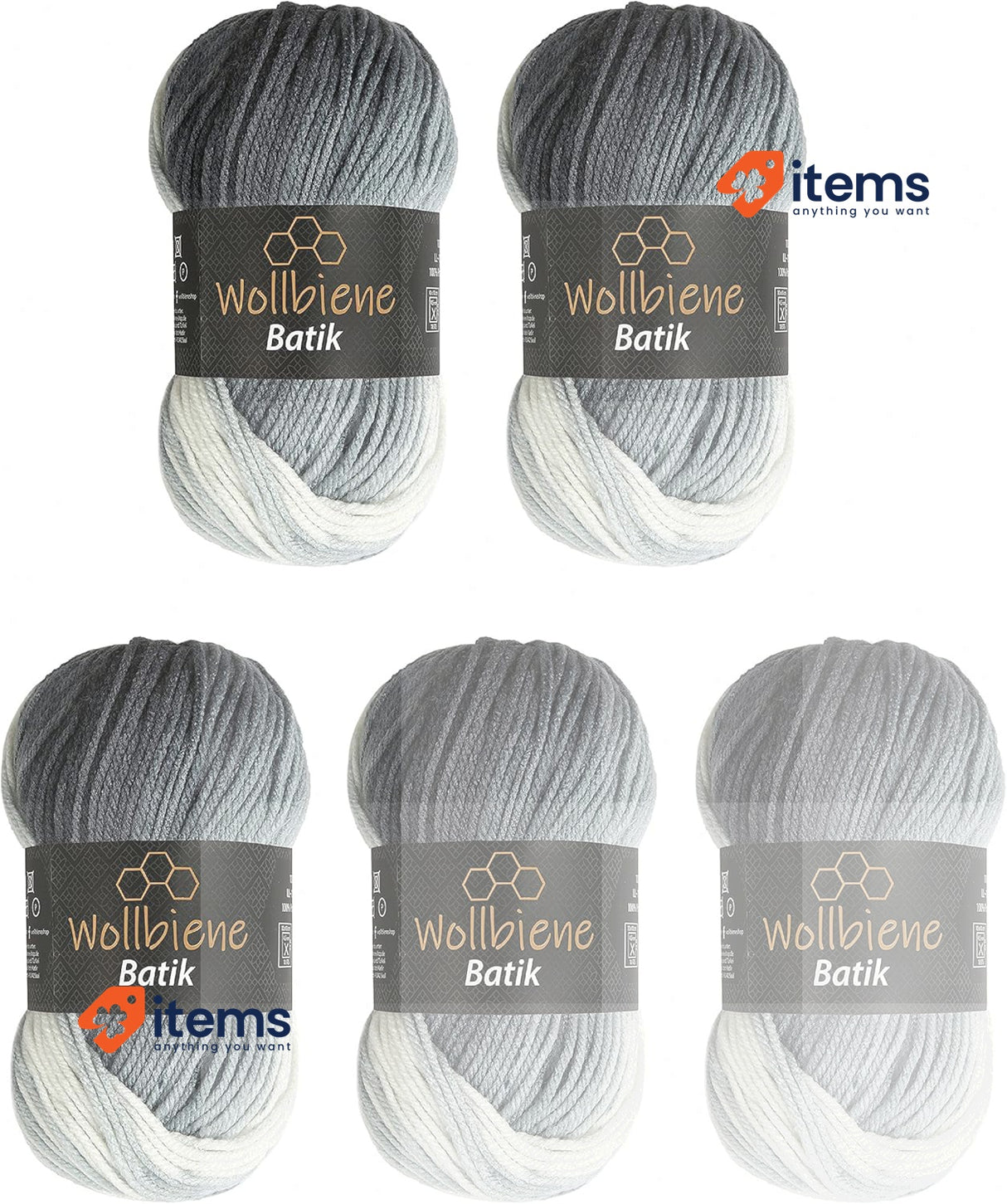 5 x 100 g Wollbiene Batik, Wool with Colour Gradient, 5000 Black, Grey, White