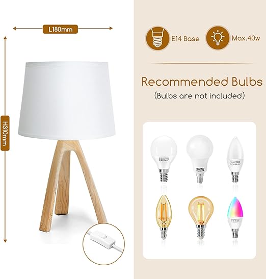 Aigostar 2 Pieces Table Lamp, Small Night Mesita Lamp of Modern Wood