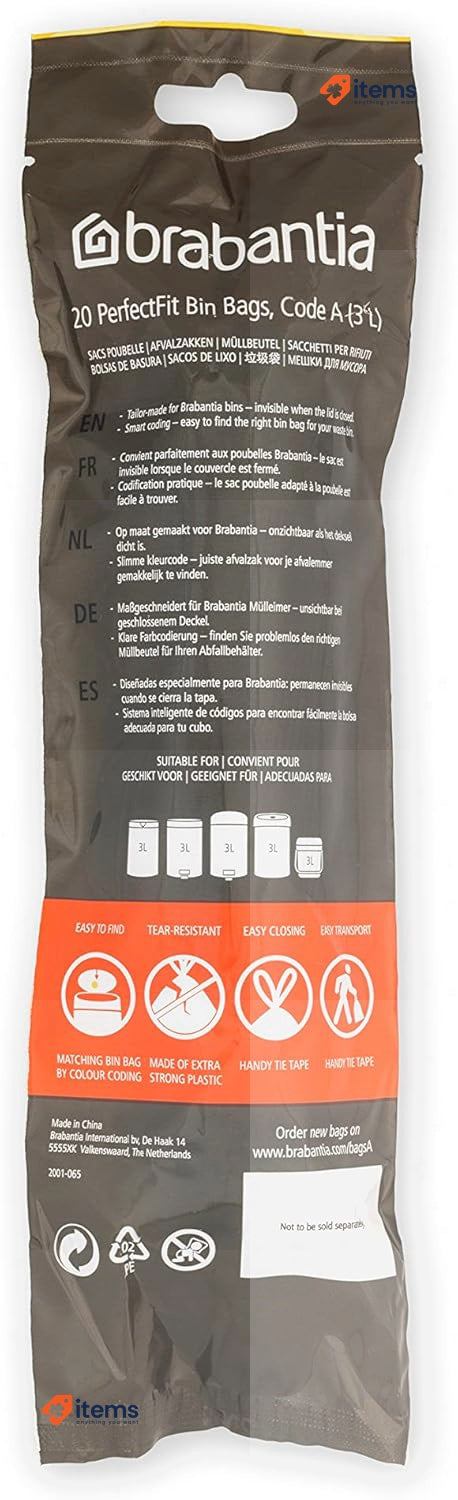 Brabantia PerfectFit Bin Liners Multipack (Size A/3 Litre) Plastic 200 Bags Tape