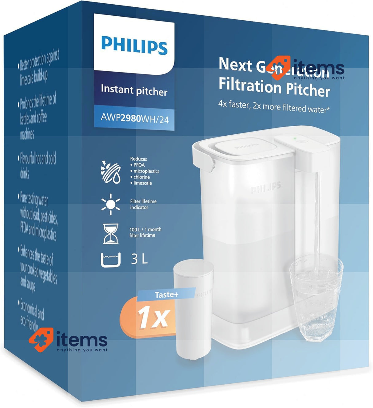 Philips Water Instant Filter, USB - C Rechargeable White Pitcher 3L Clean 1x