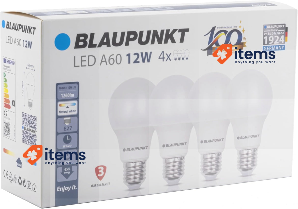 Blaupunkt LED Bulb Classic A60 LED lamp, E27 Base Screw, 12W Pack of 4 White