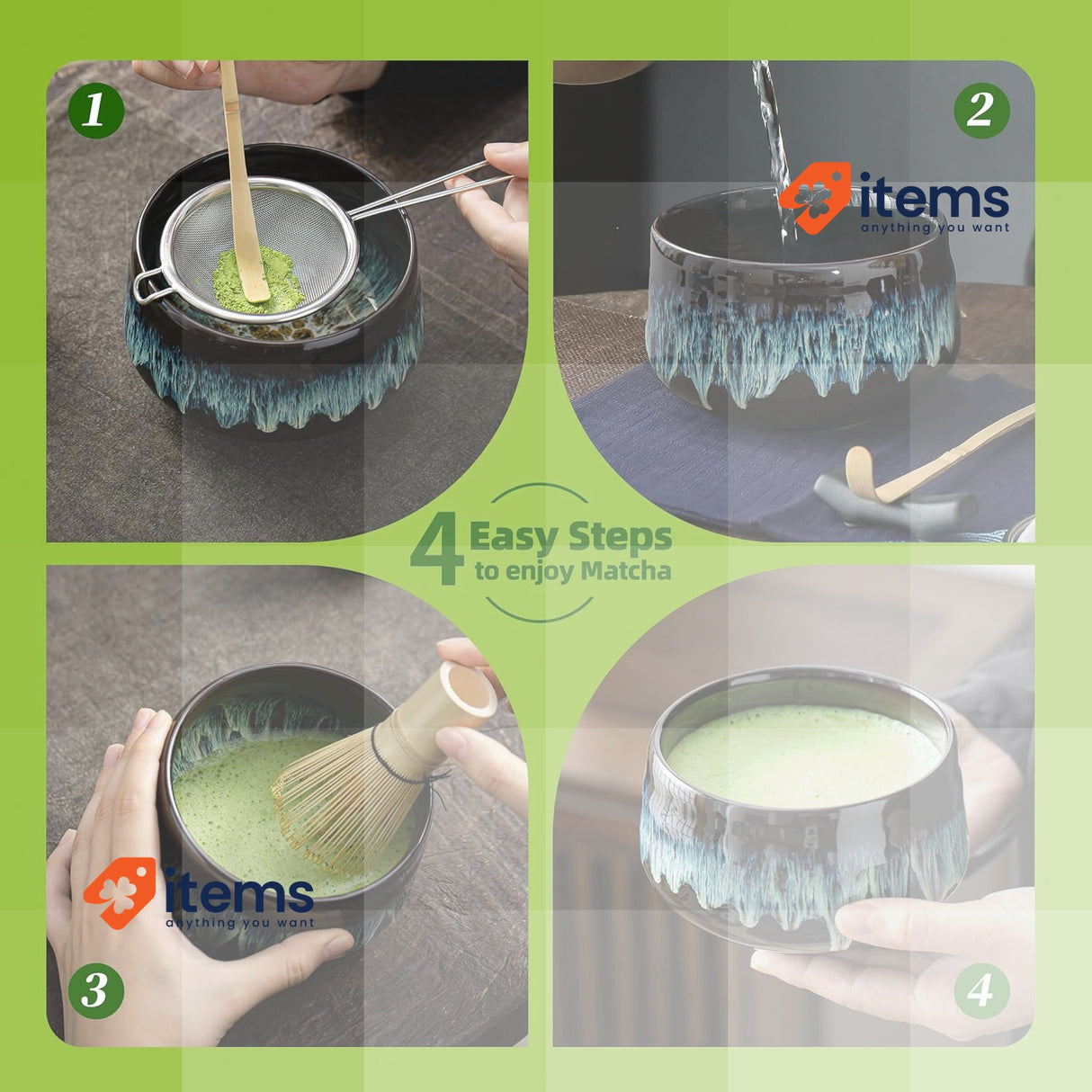 TEANAGOO Matcha Whisk, 7 Pcs Matcha Set with Holder/Scoop/Sifter Junware-green