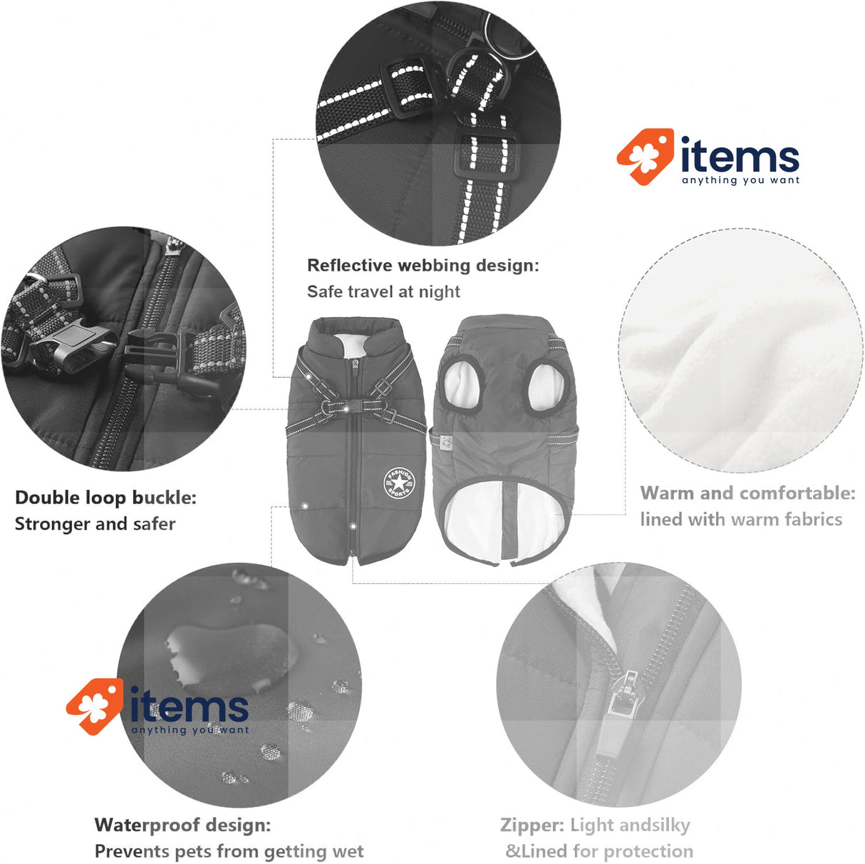 Aiboria Dog Jackets for Winter, Windproof, Waterproof, 2-in-1 Outfit Black