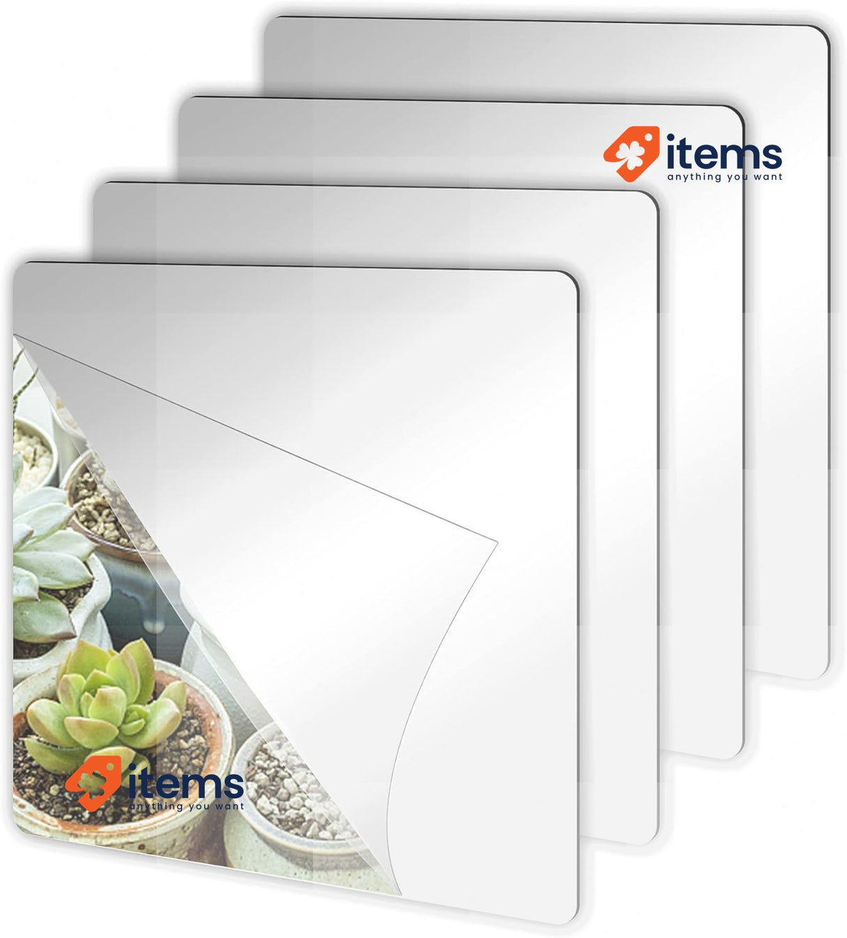 JUNEBRUSHS Slef Adhesive Mirror, 4 pieces Self Adhesive Wall Mirror 20 x 20 cm