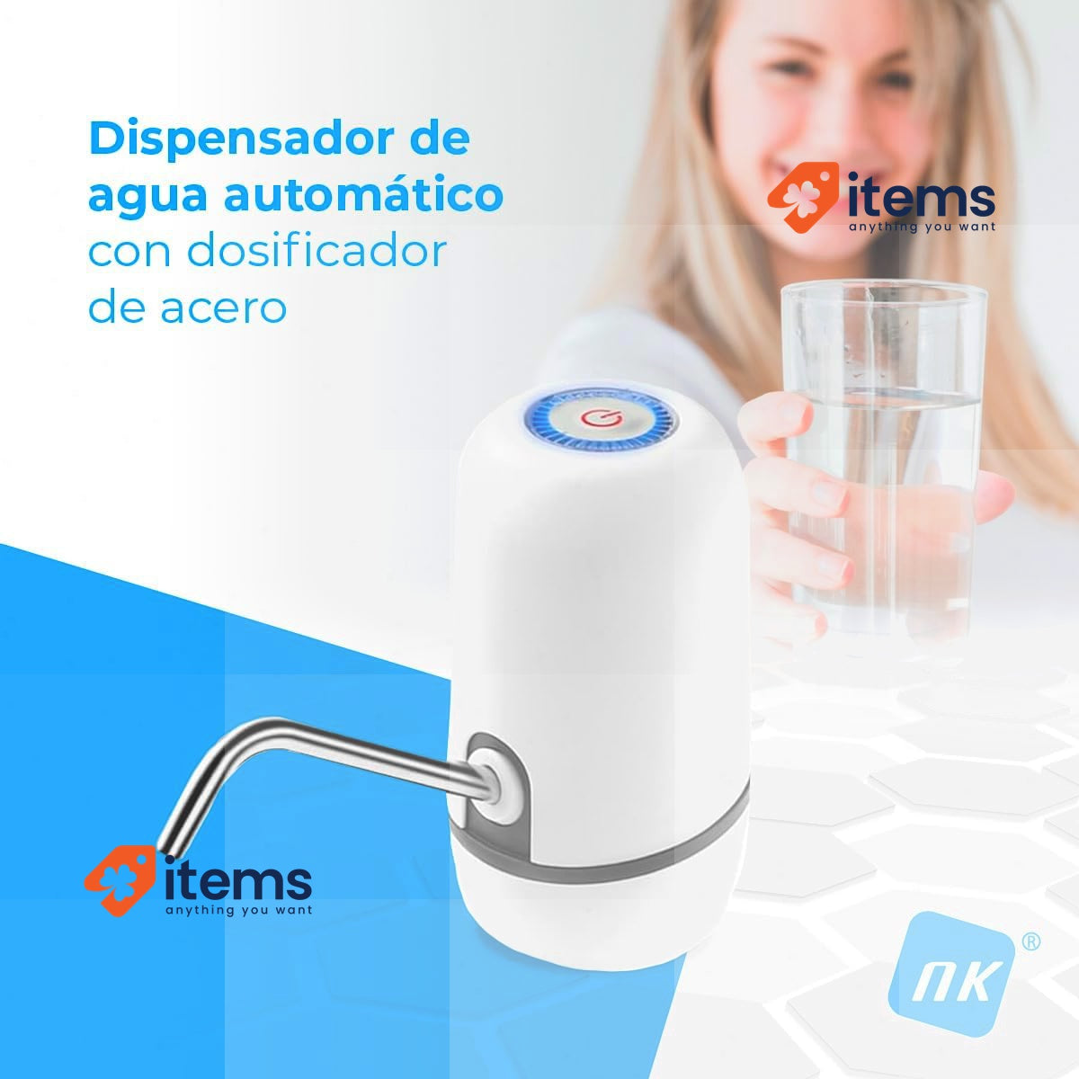 NK Automatic Water Dispenser - USB Charger, Steel Dispenser BPA Free White 1.5L