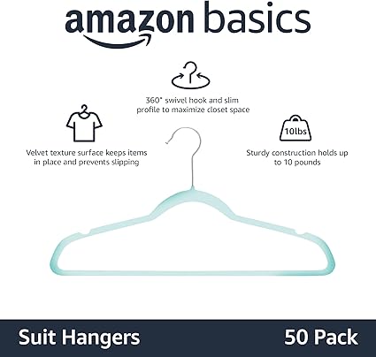 Amazon Basics Slim, Velvet Non-Slip Clothes Hangers 50-Pack Mint Green/Silver