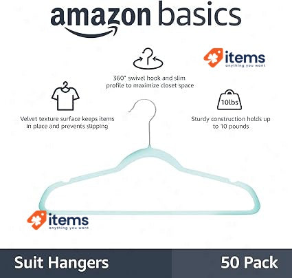 Amazon Basics Slim, Velvet Non - Slip Clothes Hangers 50 Pack Mint Green/Silver
