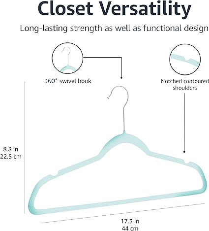 Amazon Basics Slim, Velvet Non-Slip Clothes Hangers 50-Pack Mint Green/Silver