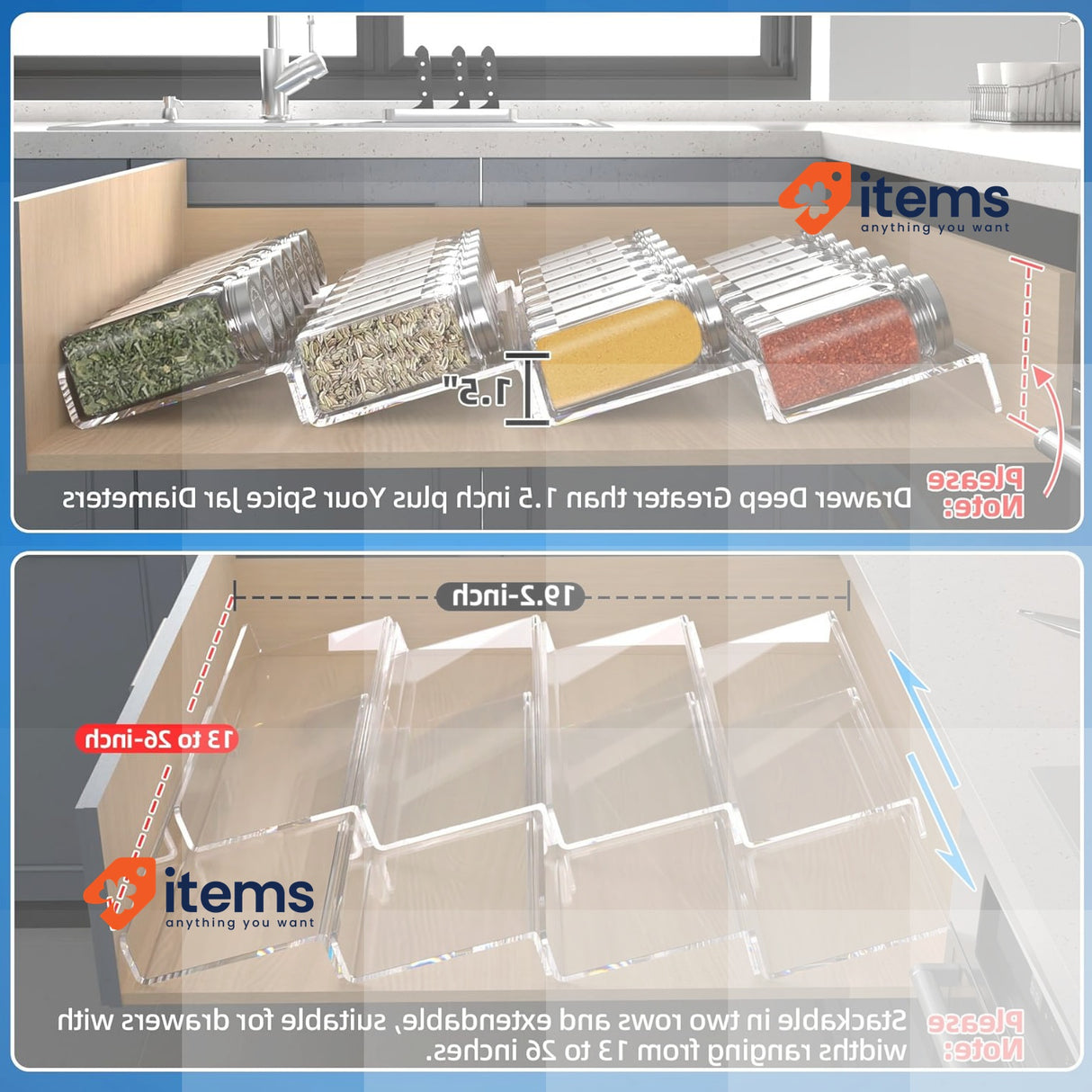 Miukaa Set of 8 Spice Rack Organizers - Transparent Acrylic Expandable 33-66cm