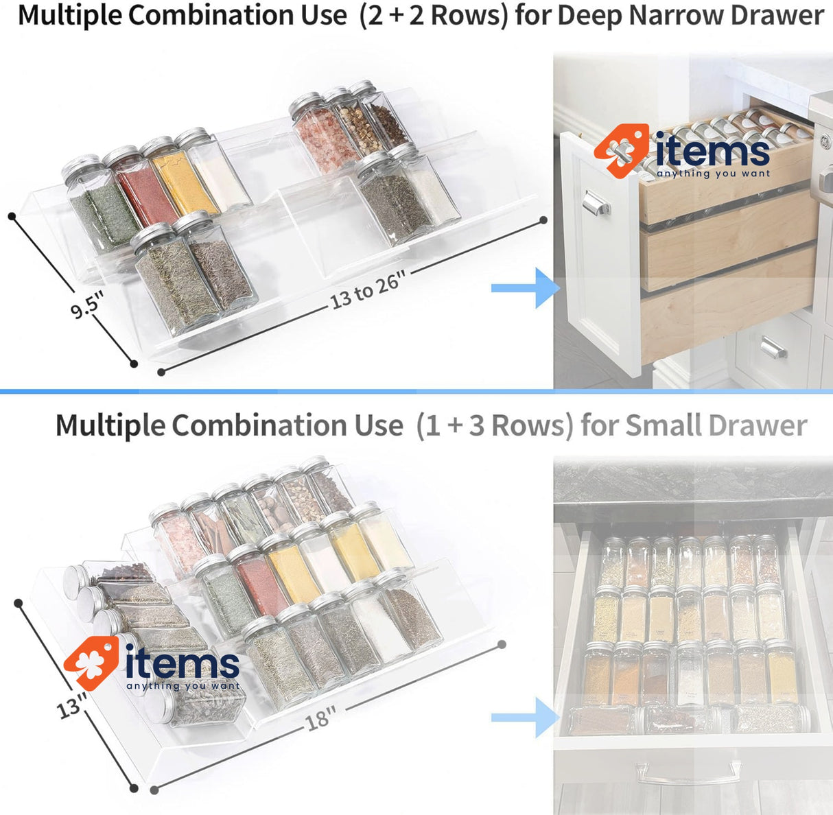 Miukaa Set of 8 Spice Rack Organizers - Transparent Acrylic Expandable 33-66cm
