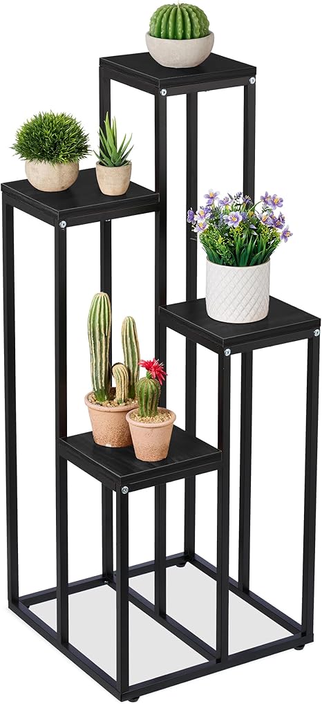 Relaxdays Plant Stand, Modern Pot Holder with 4 Tiers Black
