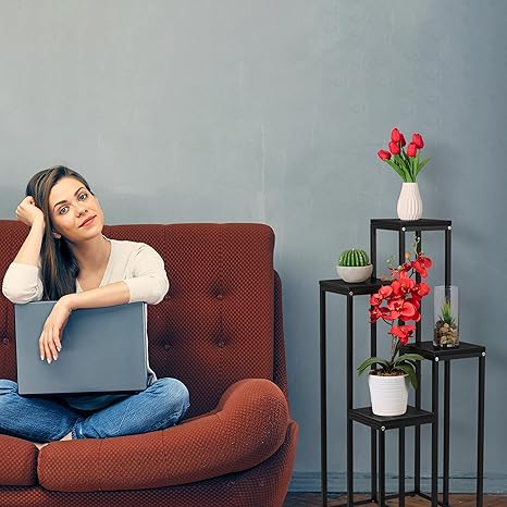 Relaxdays Plant Stand, Modern Pot Holder with 4 Tiers Black