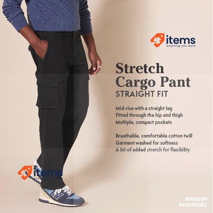 Amazon Essential Men's Straight Fit Stretch Cargo Trouser Khaki, Size 60W / 32L