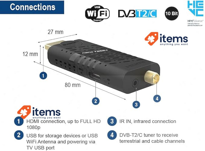 Edision NANO T265+ Terrestrial and Cable HDMI dongle Receiver, Remote Control