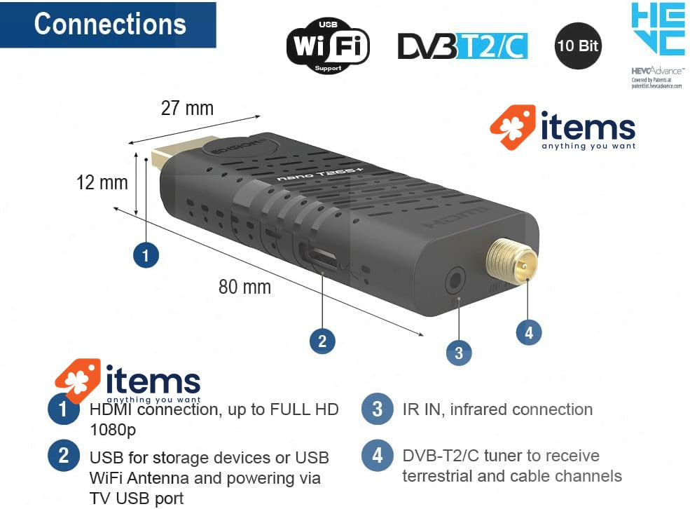Edision NANO T265+ Terrestrial And Cable HDMI Dongle Receiver Black DVB - T2